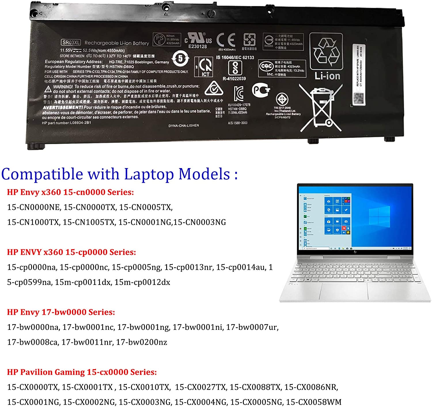 SR03XL Battery for Hp Pavilion 15-cx0000 HSTNN-DB8Q L08934-2B1 SR03052XL HSTNN-DB8Q - Image 4